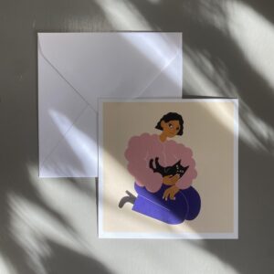 Vykort 15x15 cm Kvinna med katt